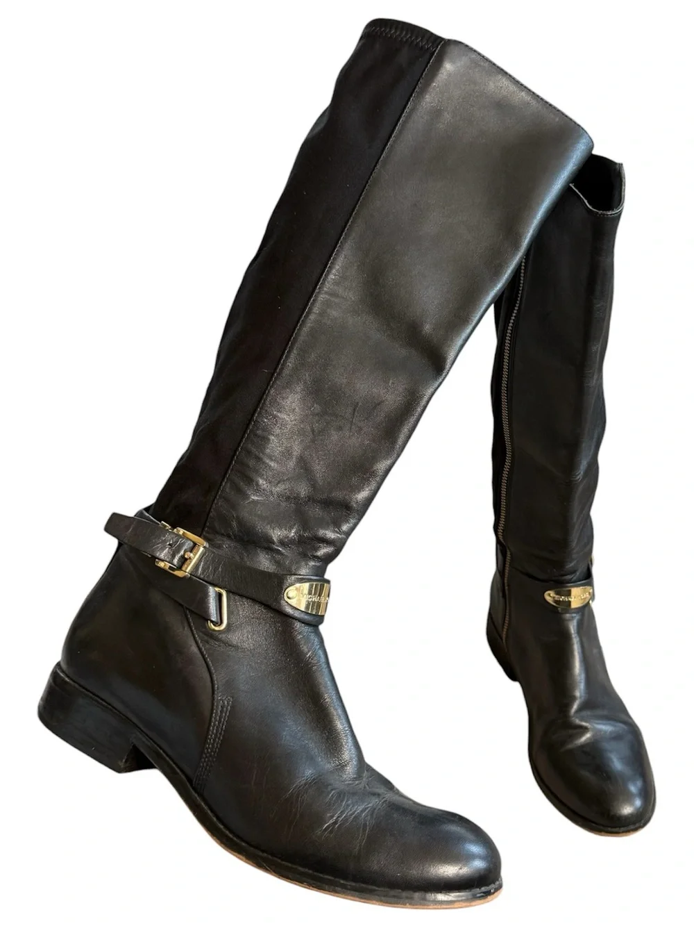 MICHAEL KORS Black Leather Riding Boots Gold Logo Buckle Side Zip Women’s 8.5